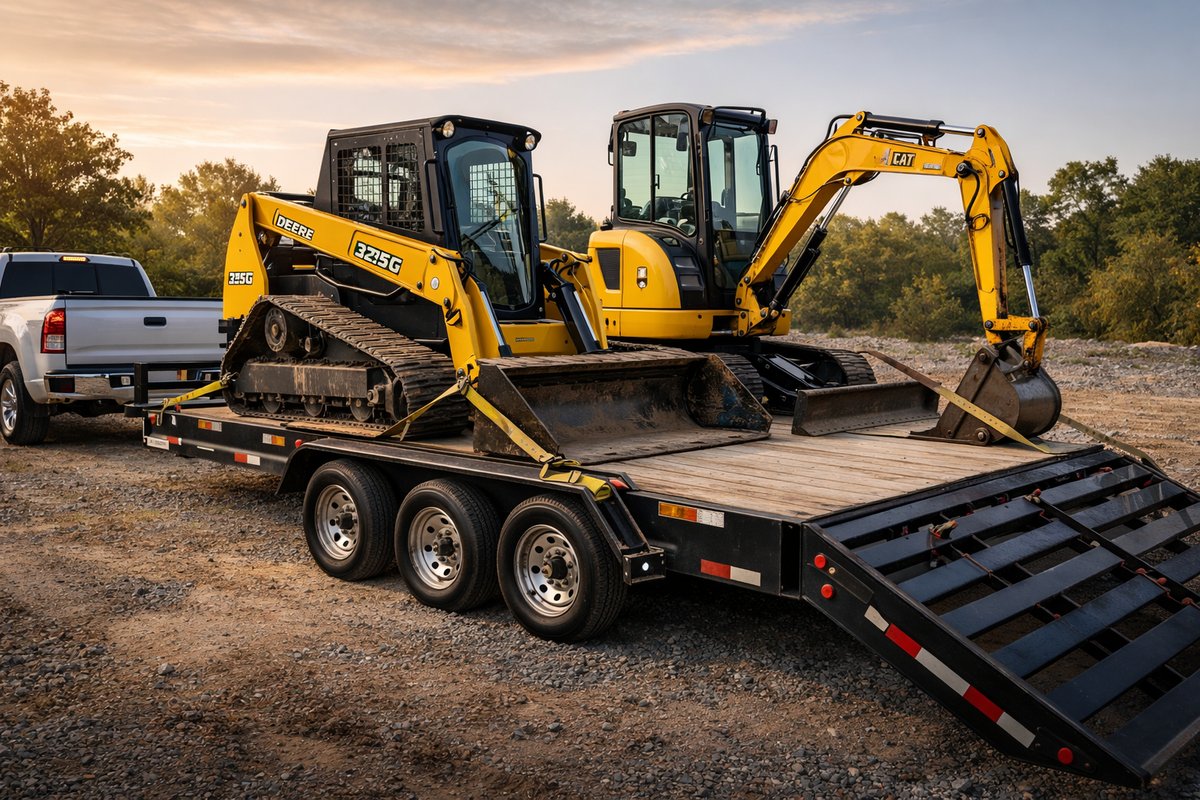John Deere compact track loader loaded on King Heavy Equipment delivery trailer